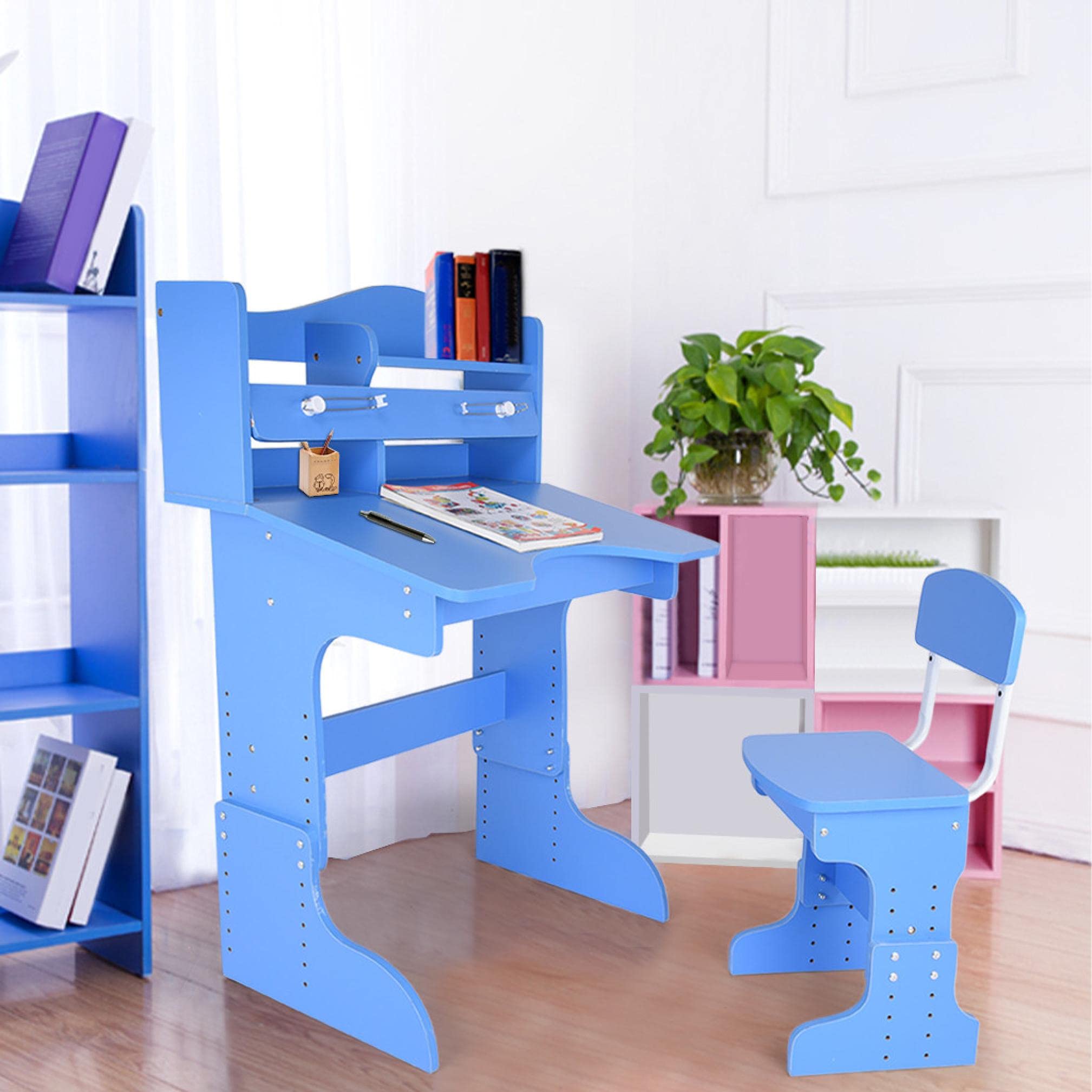 Huokan Adjustable Kids Desk and Chair Set - Ergonomic Study Desk with Tiltable Desktop & Bookshelf, Durable Children's Writing Table for Home Schooling, Safe Learning Furniture (Blue) - Perfect for Homework, Drawing & Online Classes