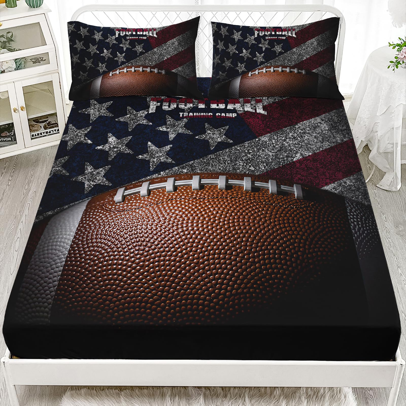American Flag Football Fitted Sheet Queen Size - Axolotl Sports Bedding Set for Kids & Teens (1 Flat Sheet, 1 Fitted Sheet, 2 Pillowcases) - Perfect for Football, Rugby Fans' Bedrooms & Dorm Rooms