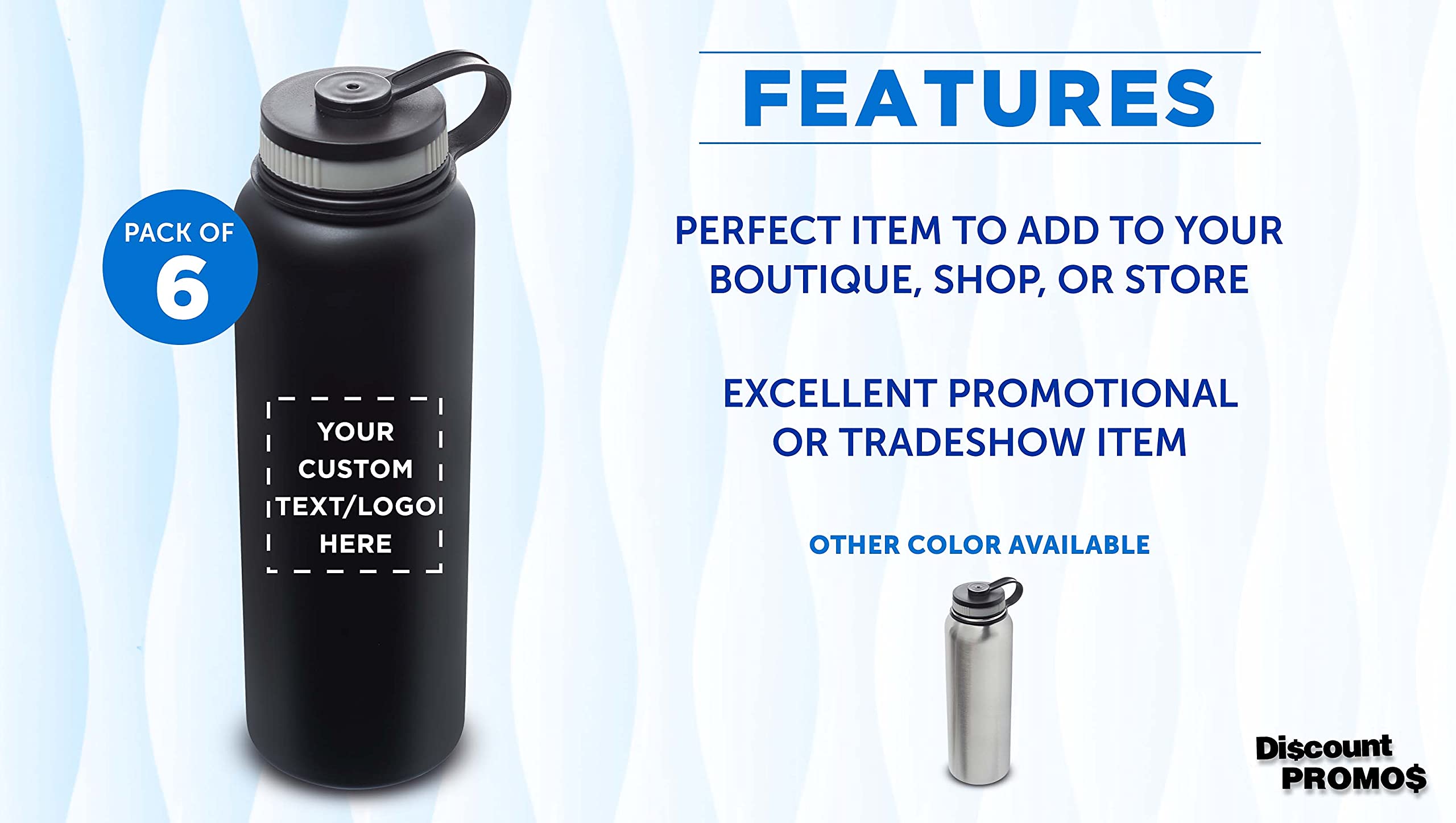 6 Pack 41 oz Stainless Steel Vacuum Insulated Water Bottles - Double Wall Thermal Design, Custom Text & Logo, Black - Perfect for Gym, Hiking, Camping & Office Use