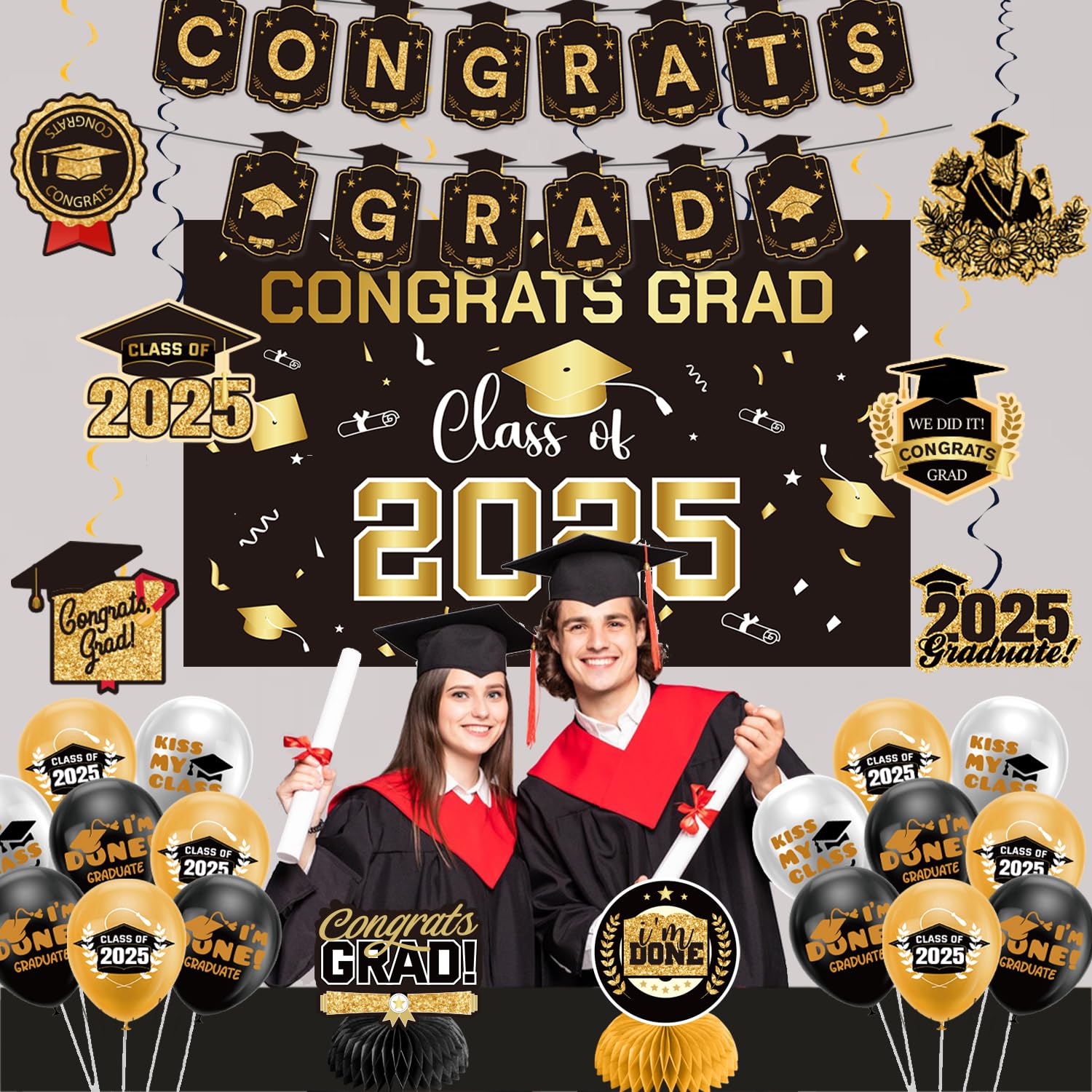 2025 Gold Graduation Decorations Set - Congrats Grad Banner, Class of 2025 Backdrop, Balloons & Streamers Kit - Complete Party Supplies for High School & College Graduation Celebrations | Perfect for Graduation Parties, Photo Booths & Commencement Decor