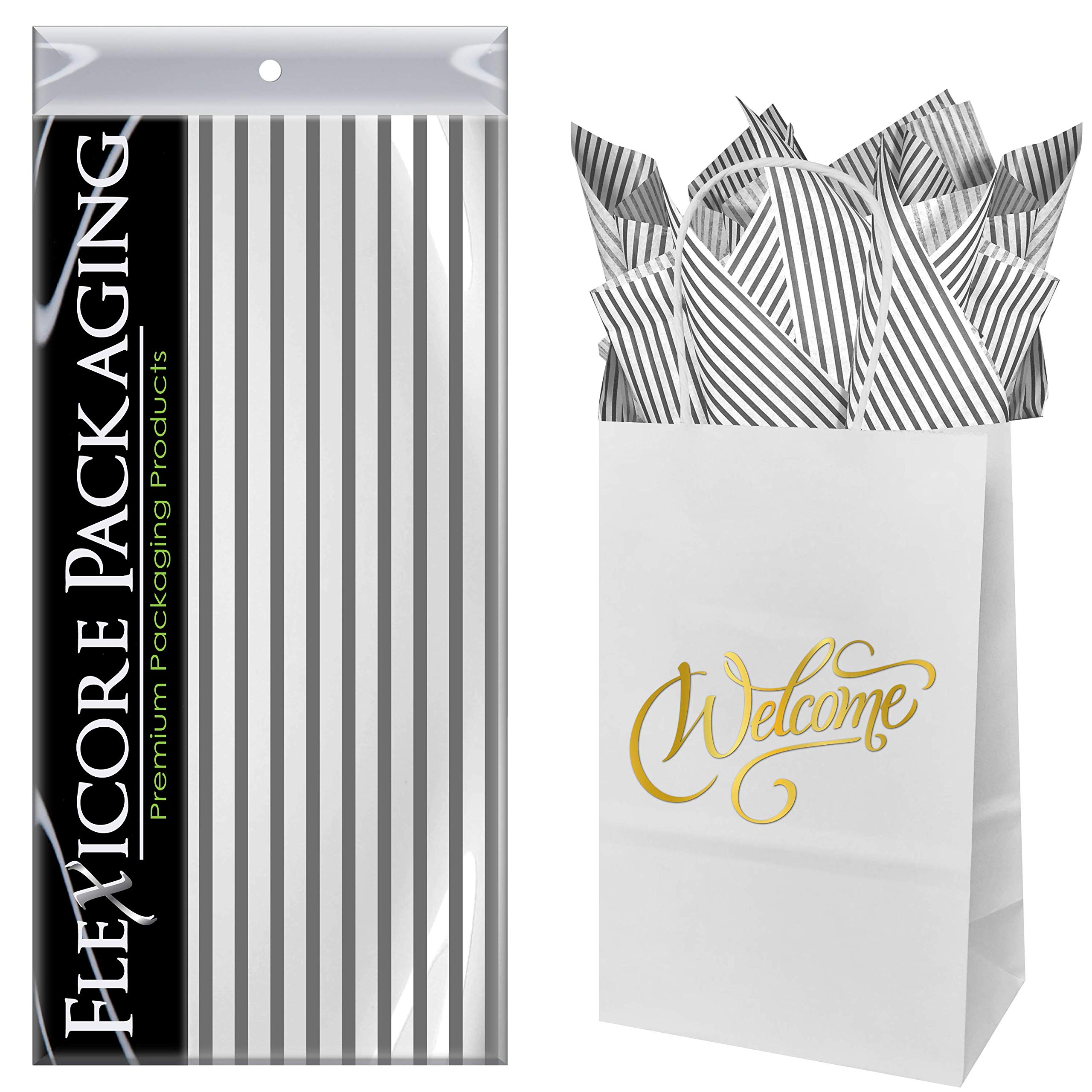 Premium White Kraft Paper Welcome Bags with Gray Pinstripe - 5.25
