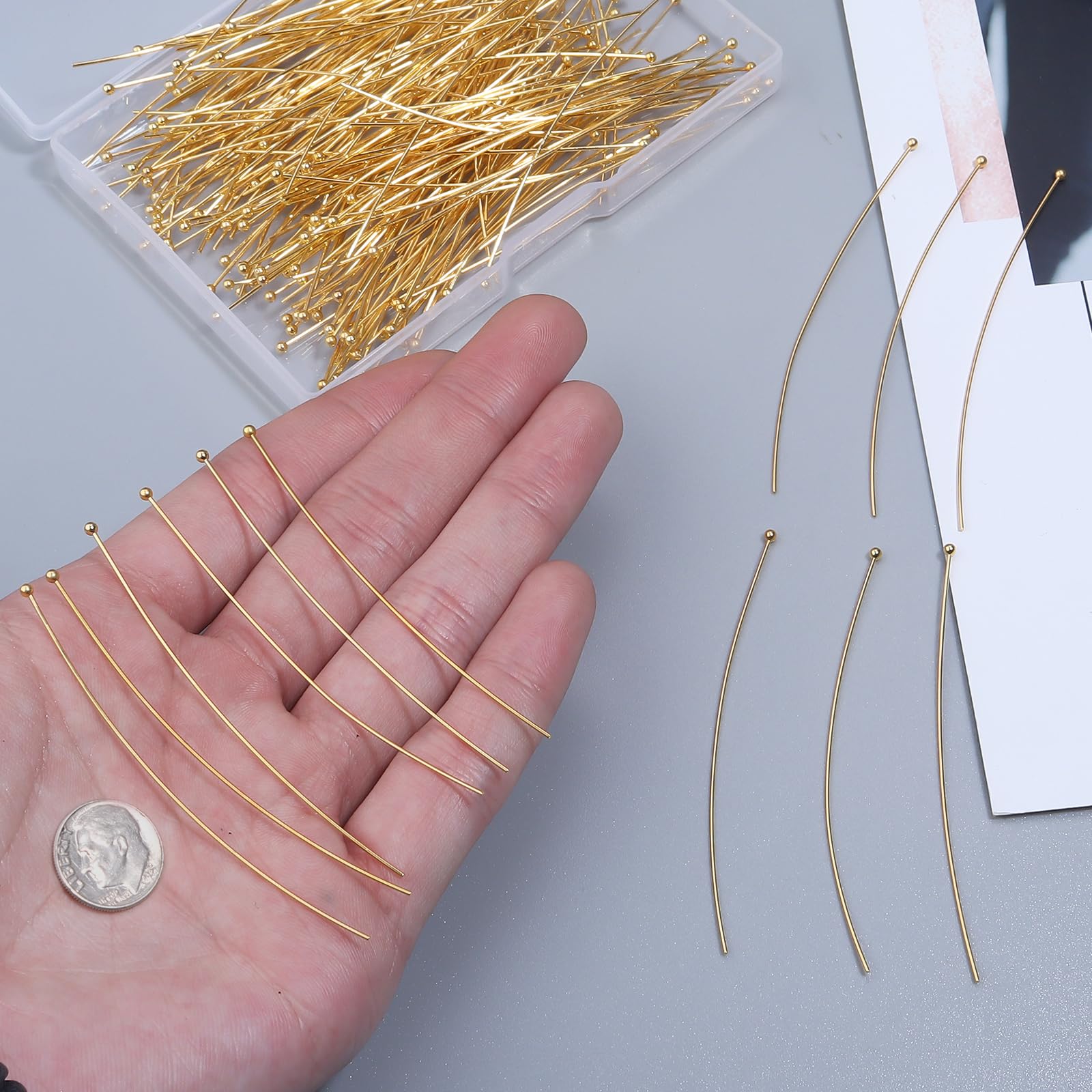 200 Pcs 70mm/2.76 Inch Gold Ball Head Pins for Jewelry Making - Straight Metal Pins for DIY Earrings, Bracelets, Necklaces & Pendants - Perfect for Crafting, Beading and Wire Wrapping Projects