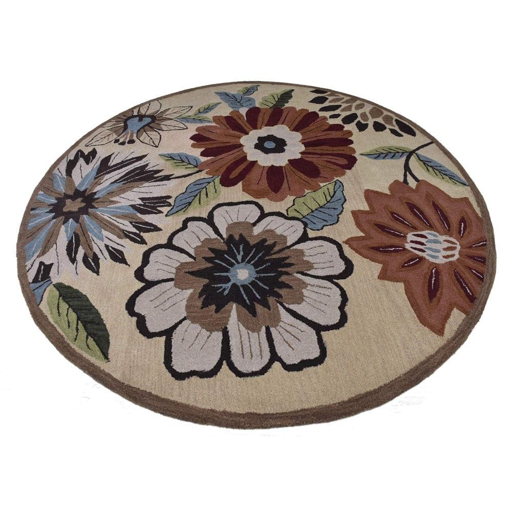 Hand Tufted Wool Eco-Friendly Round Area Rug 8'x8' - Cream Floral Modern Design, High Pile Thick Non-Slip Handmade Rug for Living Room, Bedroom, Nursery & Home Decor (K03066)