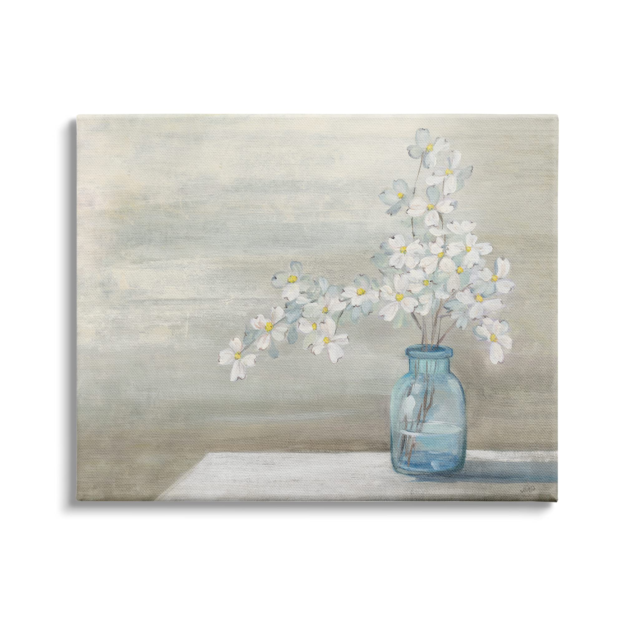 Stupell Industries Classic Dogwood White Florals Blue Jar Country Flowers Canvas Wall Art - 48x36 Inches, Brown Frame - Farmhouse Decor by Julia Purinton - Perfect for Living Room, Bedroom & Office Decor