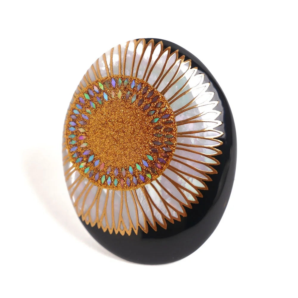 Exquisite Maki-e Urushi Lacquer Brooch with White South Sea Pearl Shell & Sunflower Design | Traditional Japanese Lacquer Jewelry | Perfect for Formal Occasions, Weddings & Cultural Events