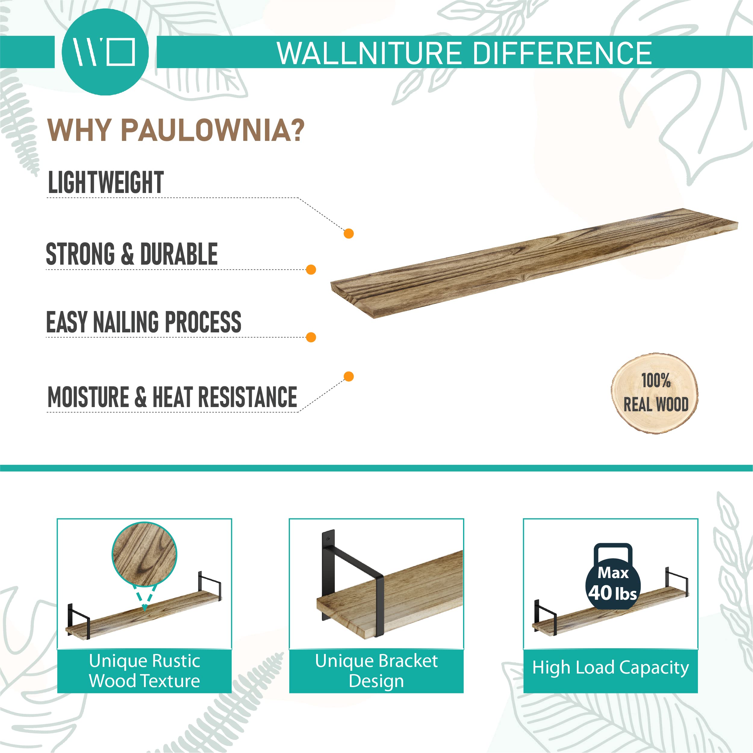 Wallniture Toledo 36 Inch Long Wood Floating Shelves Set of 2 - Rustic Burnt Finish Wall Mounted Shelves for Living Room, Bathroom, Bedroom & Kitchen - Perfect for Books, Decor & Storage | Home Organization & Space Saving Solution