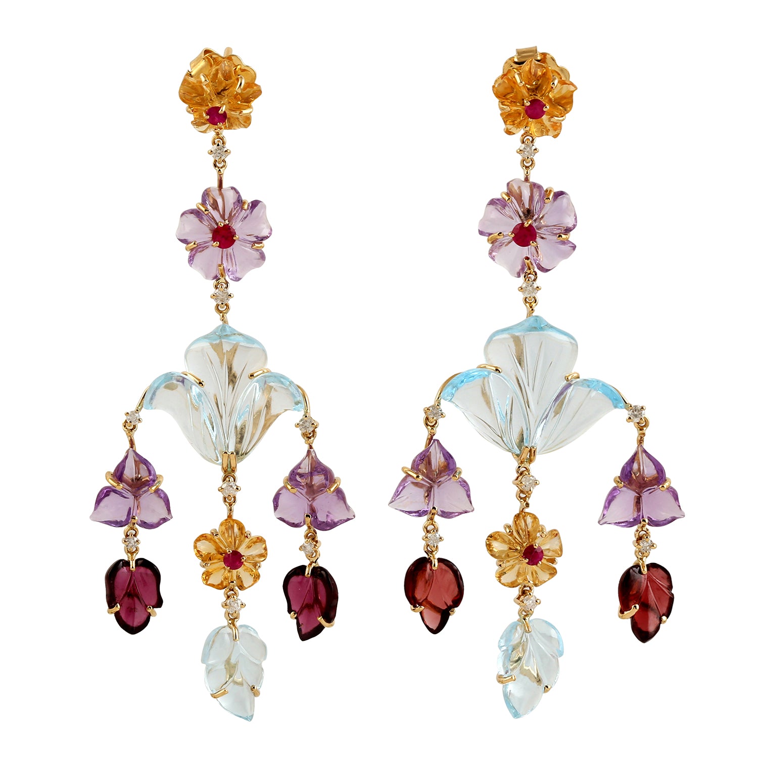 Exquisite 18K Yellow Gold Handcarved Flower Chandelier Earrings with Natural Ruby & Diamond Accents | Luxury Multi-Gemstone Jewelry for Weddings, Parties & Special Occasions