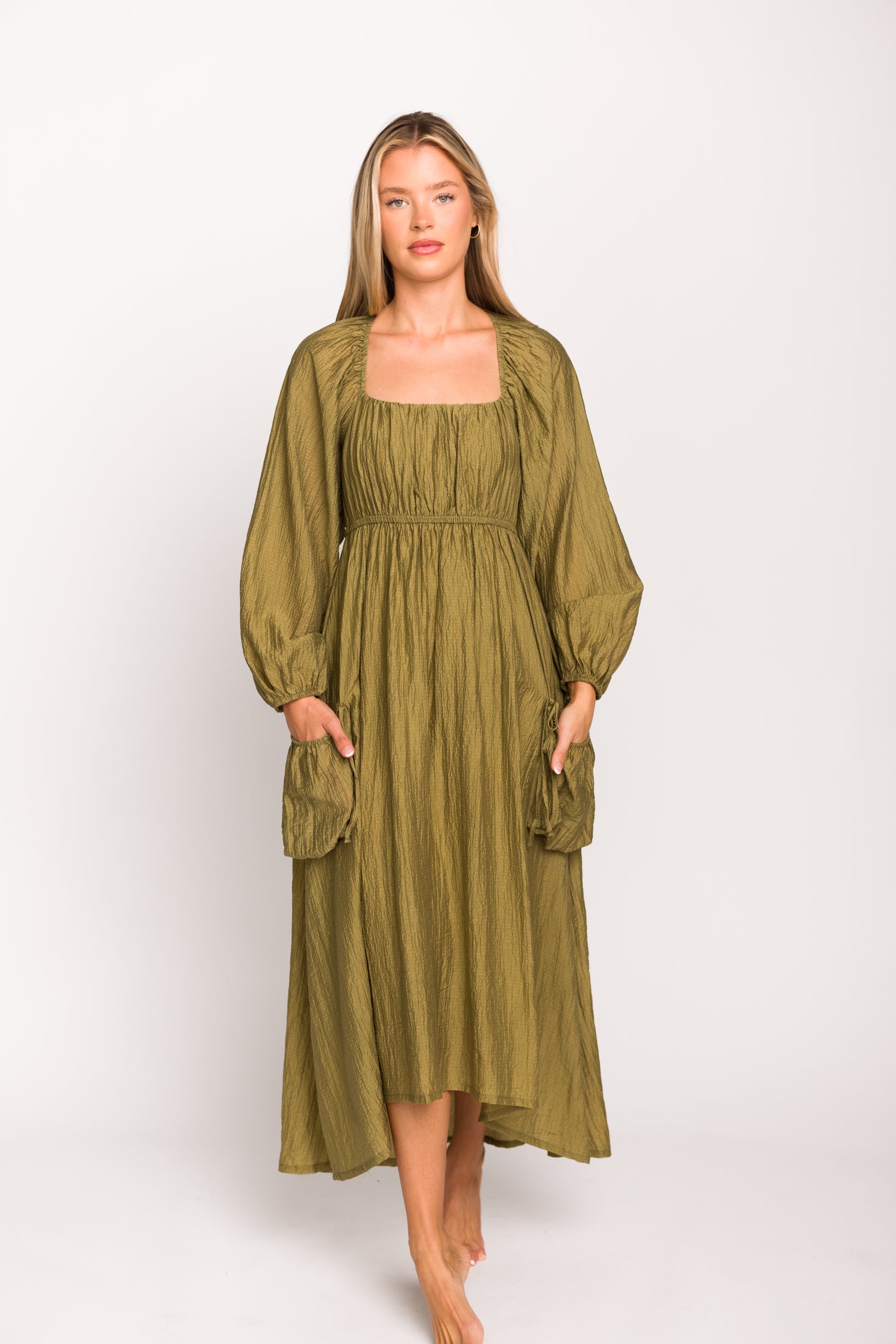 Ariana Women's Olive Long Sleeve Maxi Dress with Slouchy Pocket - Boho Chic Casual Dress for Beach, Vacation & Everyday Wear