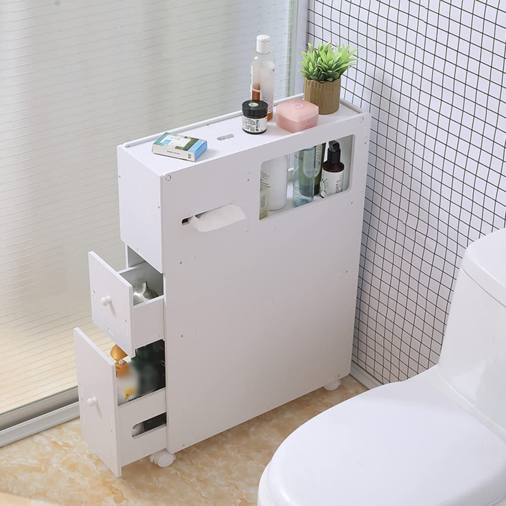 White Bathroom Organizer Cabinet with Doors & Shelves - Narrow Vanity Storage for Towels, Toilet Paper & Bath Essentials - Perfect for Small Bathrooms, Powder Rooms & Apartment Sinks