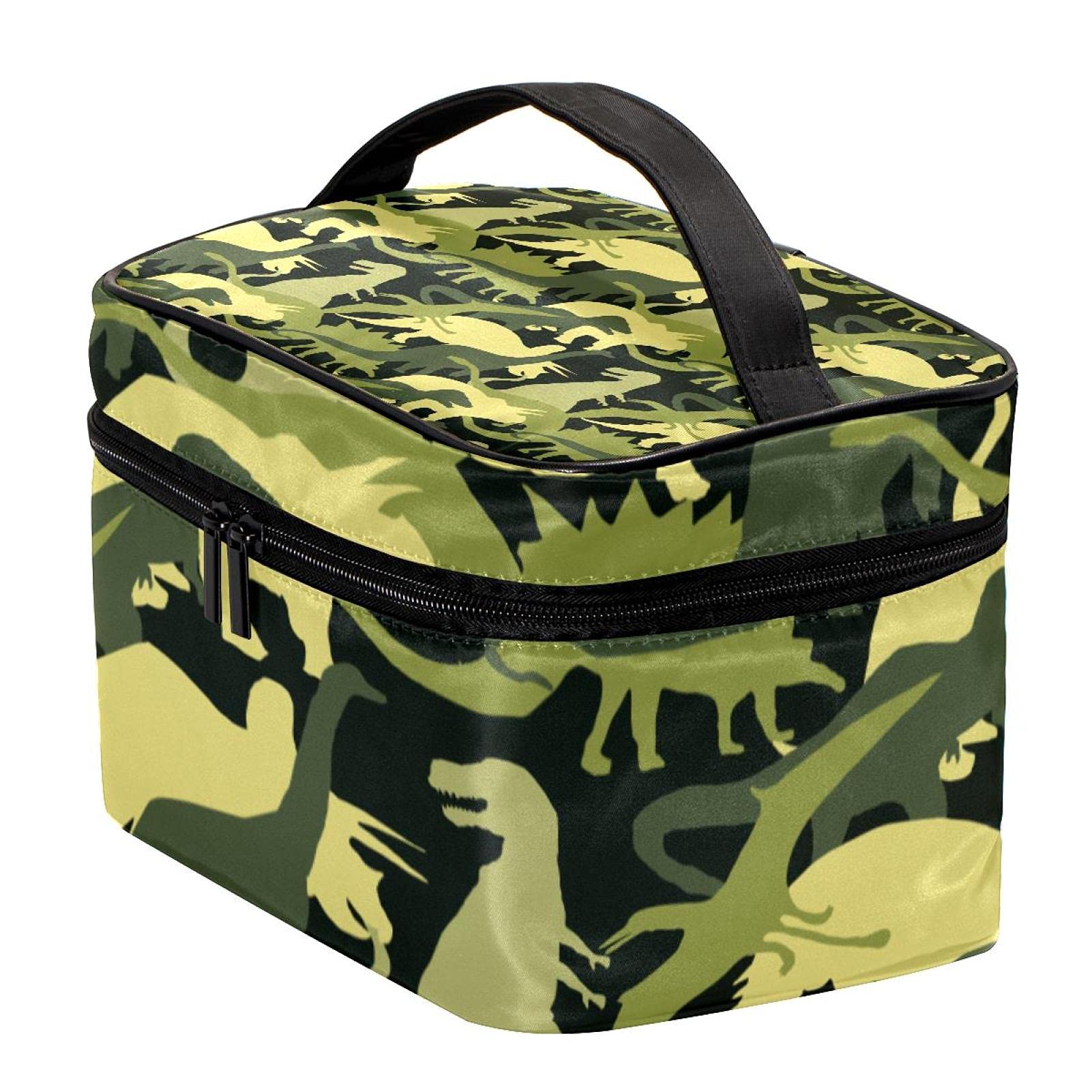 Green Army Camo Dinosaur Print Large Travel Makeup Bag - Waterproof Cosmetic Organizer with Zipper for Women & Girls | Perfect for Travel, Gym, and Daily Essentials Storage