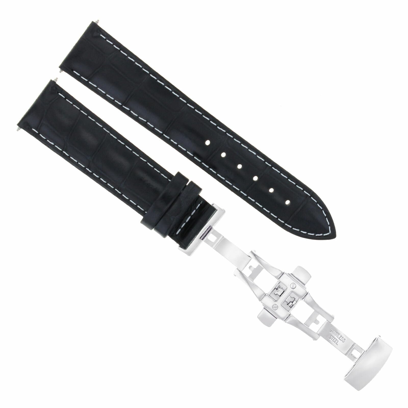 20mm Genuine Leather Watch Band Strap with Deployment Clasp - Compatible with Kenneth Cole Watches (Black with White Stitching) | Replacement Watch Strap for Men & Women | Dress Watch Accessory for Business & Formal Occasions