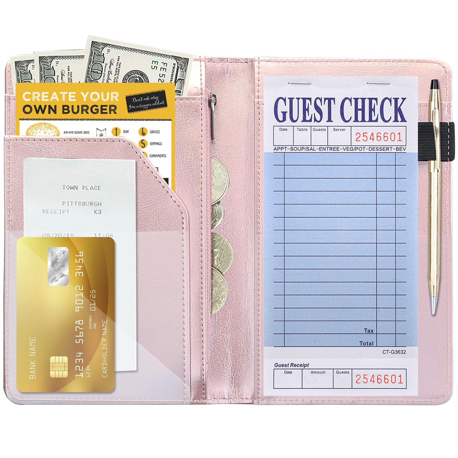 Cute Server Book with Zipper Pocket for Waitress - Rose Gold Organizer for Notes & Tips