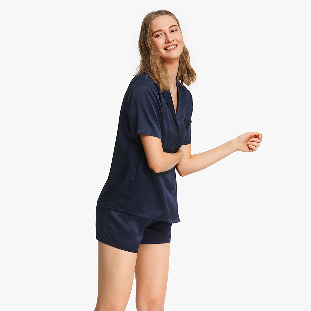 LilySilk Women's 100% Mulberry Silk Pajama Set - 19 Momme Short Sleeve Button Down Sleepwear | Soft & Breathable Two Piece Pajamas for Women | Perfect for Lounge, Sleep & Travel
