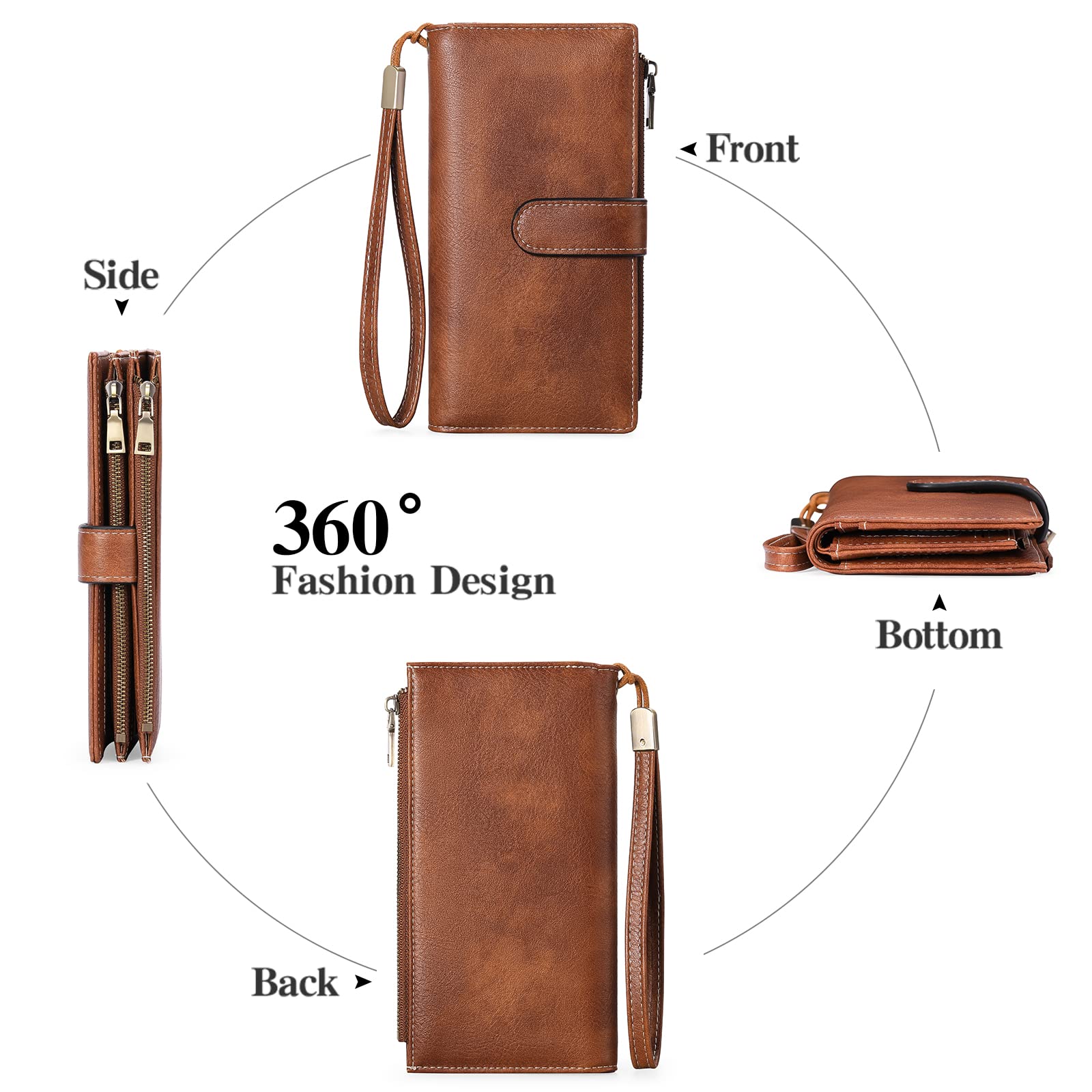 GOIACII Women's RFID Blocking Leather Wallet - Large Capacity Bifold Clutch with Double Zipper Pockets & Wristlet Strap | Perfect for Everyday Use, Travel, and Gift Giving