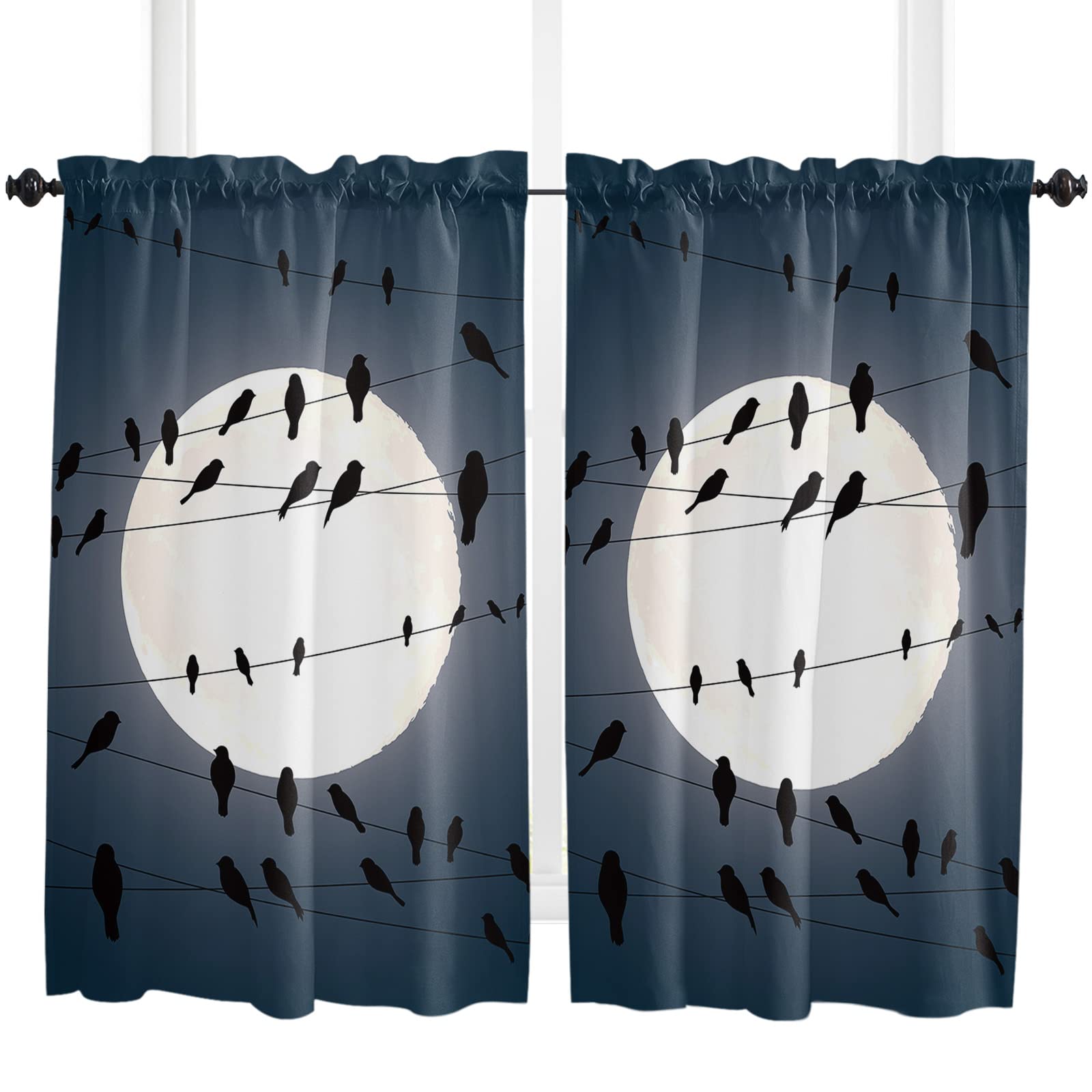 BestLives Black Crows Full Moon Window Curtain Panels - Set of 2, 52x45 Inches, Rod Pocket Drapes for Living Room, Bedroom & Kitchen Decor | Gothic Home Decor, Halloween & Boho Style Window Treatments