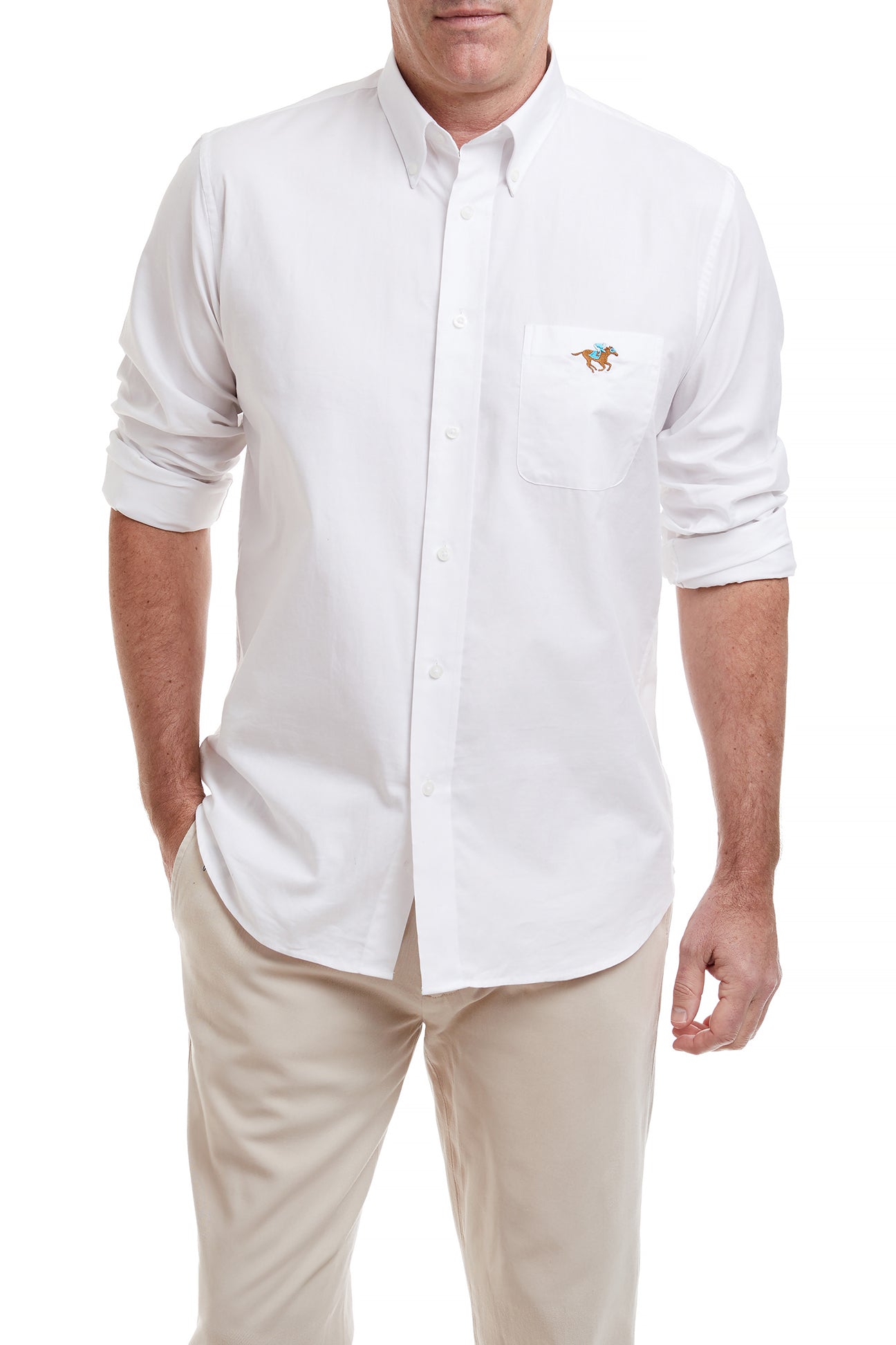 Premium White Oxford Shirt with Single Racing Horse Design - Classic Chase Shirt for Men - Perfect for Business Casual, Office Wear & Smart Outfits