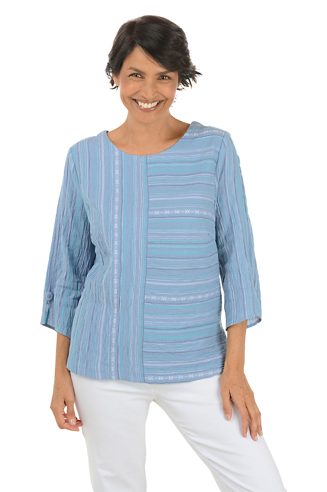 Elegant Crinkled Stripe Button Back Blouse for Women - Vintage Inspired Office & Casual Wear - Perfect for Work, Dates & Special Occasions