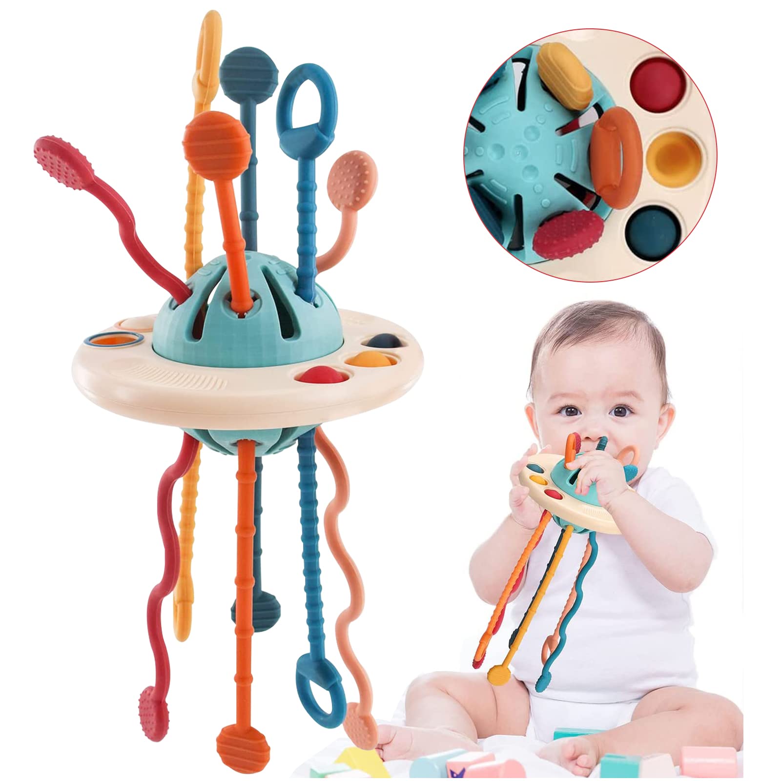 **Montessori Baby Sensory Toys - Pull String Airplane & UFO Silicone Activity Toy for Toddlers 1-3 Years Old | Travel & Learning Toy for Babies 6-12 Months | Perfect Gift for 1 Year Old | Great for Airplane Travel & Early Childhood Development**
