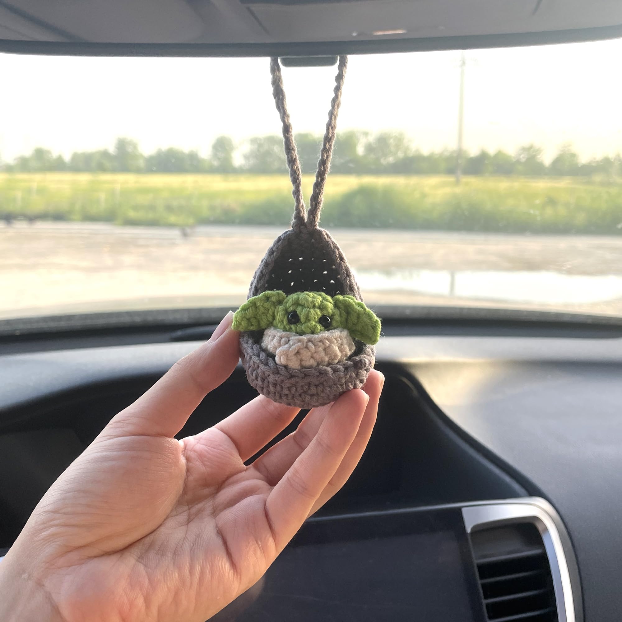 Handmade Crochet Baby Yoda Hanging Car Ornament - Aesthetic Car Accessories for Women - Cute Rear View Mirror Charm for Car Decor - Perfect Gift for Star Wars Fans & Baby Showers