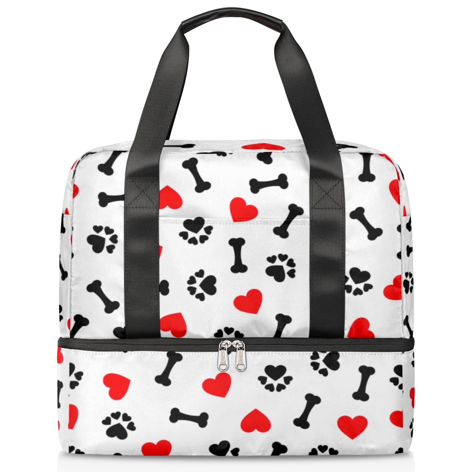 Red Heart Dog Paw Print Gym Bag for Women & Men - Sports Duffel Travel Tote with Shoe Compartment - Weekender Overnight Carry On Bag for Teens - Perfect for Gym, Travel, School & Sports Activities