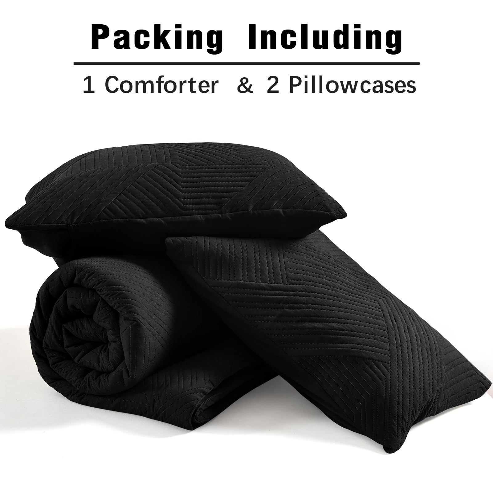 WONGS BEDDING Black Comforter Set Queen Size (90×90 Inches) - 3 Piece Reversible Soft Microfiber Boho Geometric Textured Bedding with 2 Pillowcases | Ultrasonic Quilted Design for Cozy Bedroom Decor & Guest Room Essentials