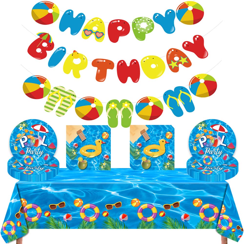 Summer Pool Party Decorations Set - Hawaiian Beach Birthday Party Supplies for 20 Guests with Banner, Tableware, Plates & Napkins | Perfect for Poolside Celebrations, Luau Parties & Tropical Themed Events