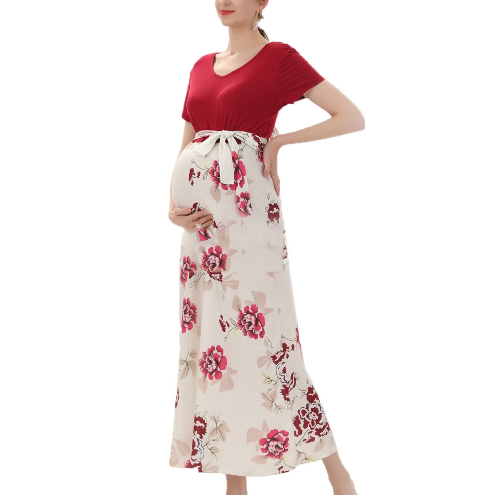 Suncolour Women's Maternity Dress - Short Sleeve Wrap Dress with Floral Print for Baby Shower, Pregnancy Photoshoot & Nursing - Comfortable Stretchy Fabric for Expecting Mothers
