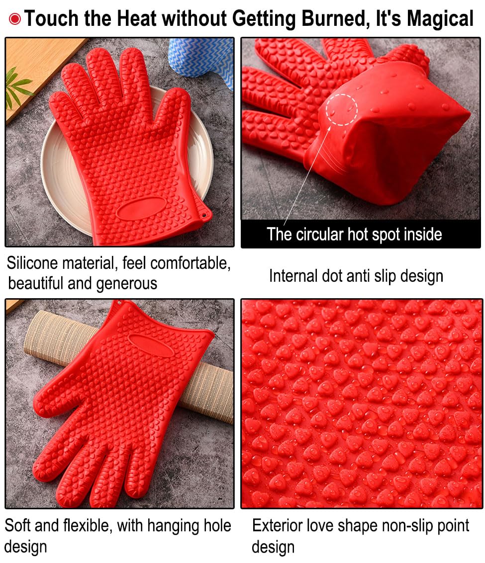 AKOAK Heat Resistant Silicone BBQ Gloves for Grilling, Cooking, Baking & Oven Use - Waterproof, Non-Slip Kitchen Gloves for Safe Handling of Hot Pots, Pans & Food (Red, Pack of 1) - Perfect for Outdoor BBQ, Camping & Home Kitchen Safety
