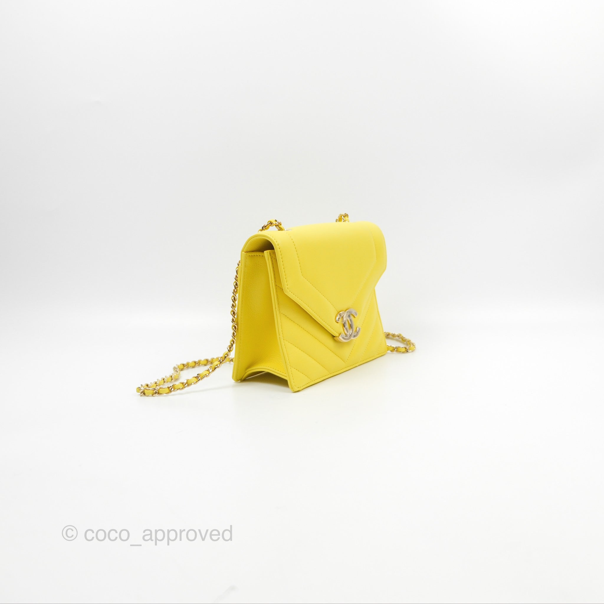 Chanel Chevron Square Envelope Flap Bag in Yellow - 19C Collection | Luxury Crossbody Bag for Women, Perfect for Parties & Evening Events