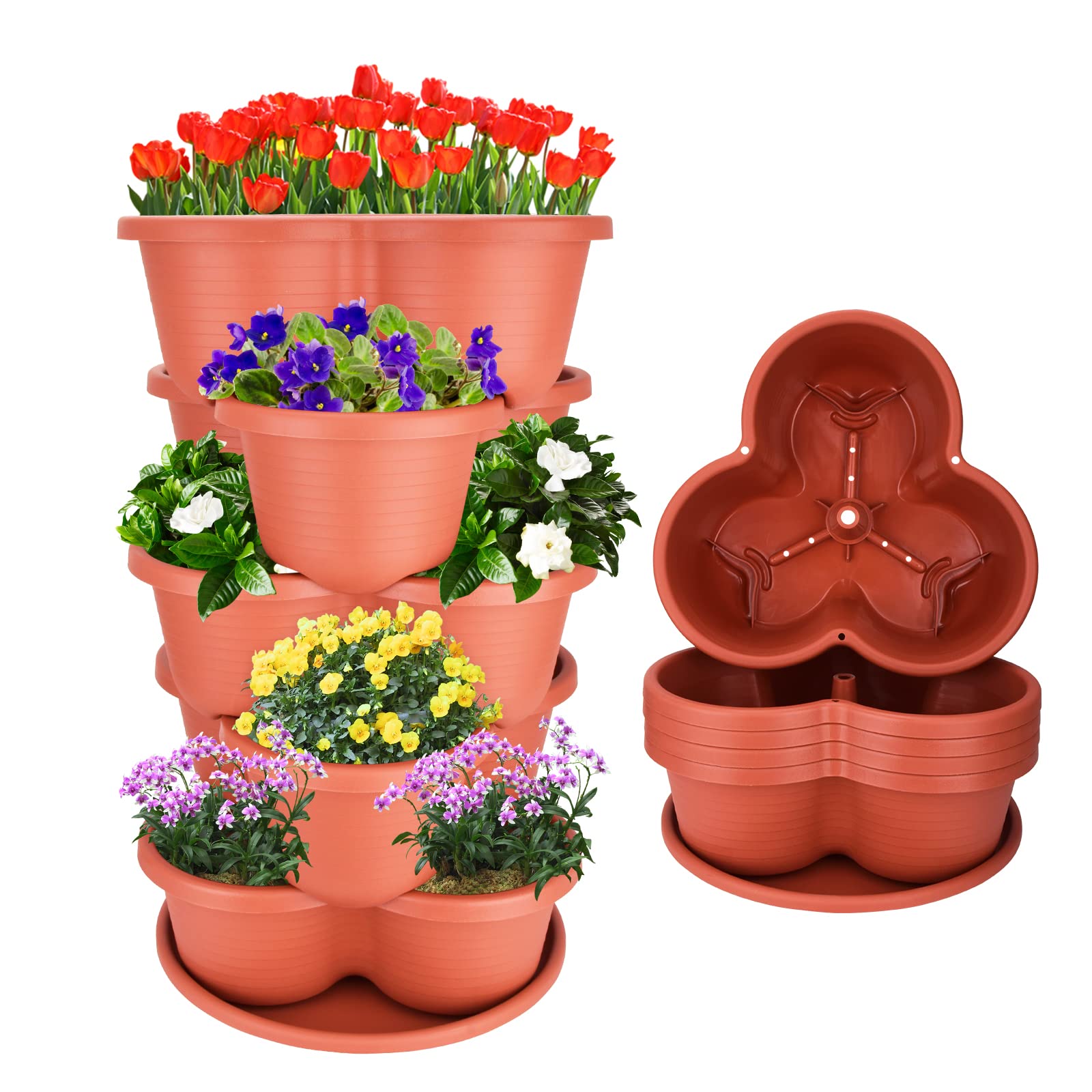 5 Tier Stackable Vertical Planter for Strawberries, Flowers, Herbs & Vegetables - Space Saving Garden Planter with Brick Red Finish | Perfect for Balcony, Patio, Small Space Gardening & Indoor Plants