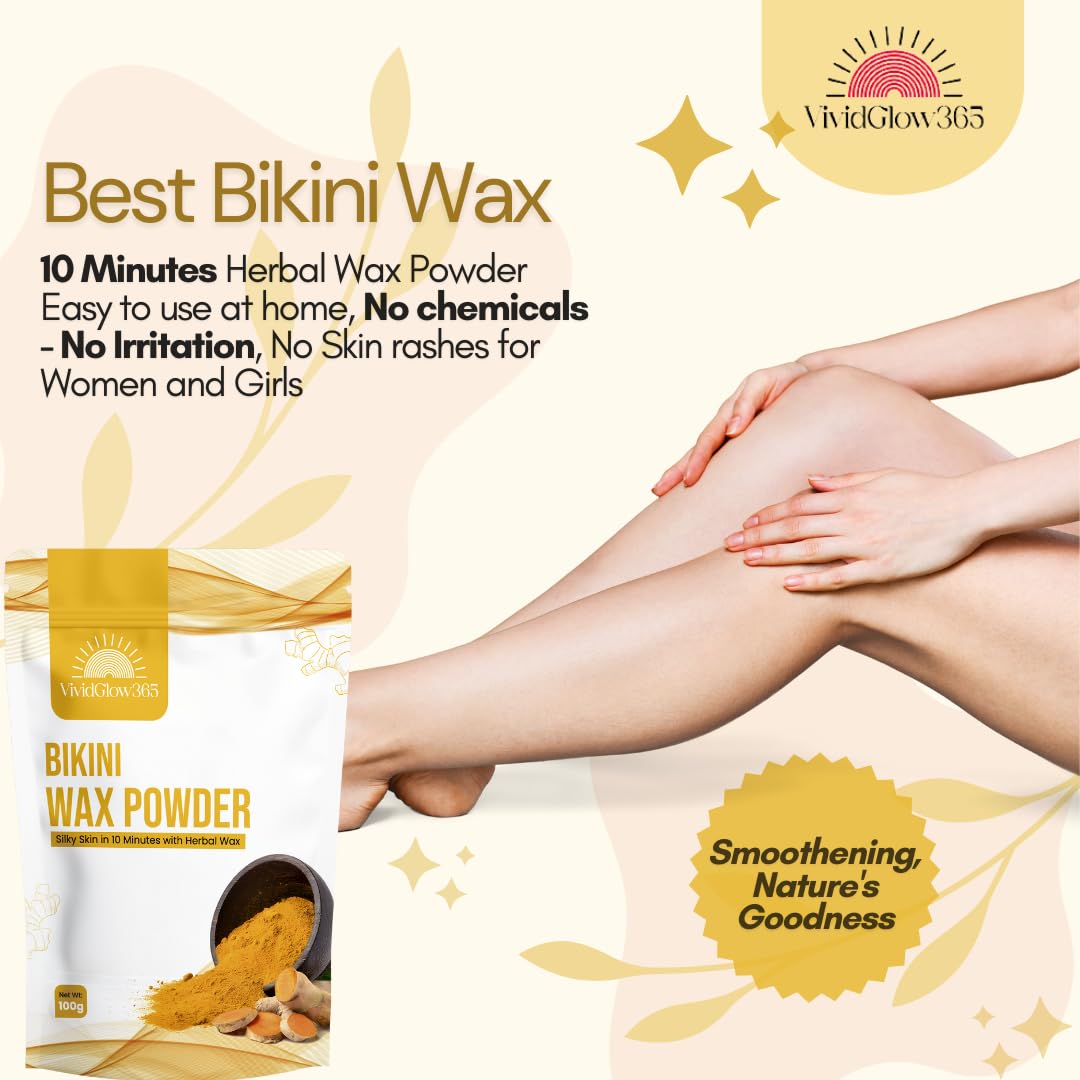 VividGlow365 - Best Bikini Wax Powder for Women - Natural & Gentle Hair Removal at Home - No Chemicals, No Irritation, No Skin Rashes - 100g - Perfect for Smooth Skin Before Beach, Pool, or Vacation