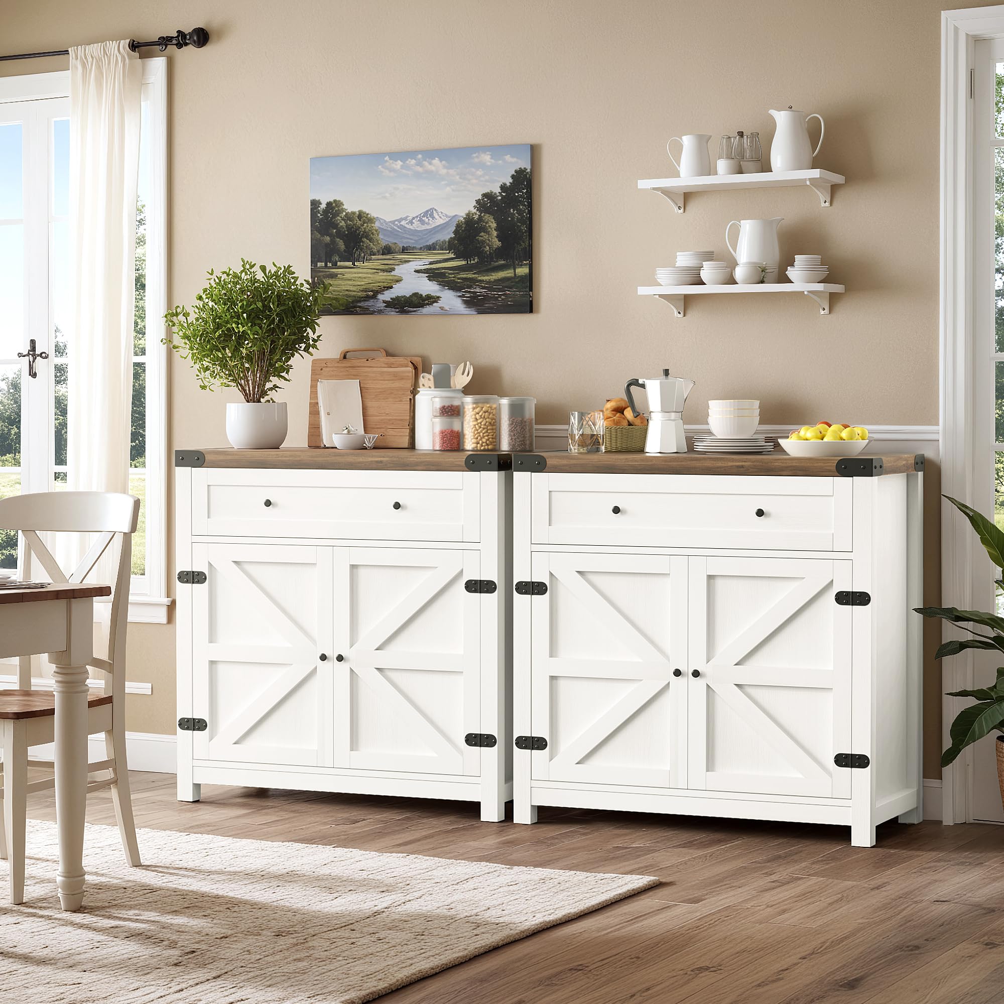 YESHOMY Farmhouse Coffee Bar Cabinet with Barn Door - Rustic White Buffet Sideboard with Drawer & Adjustable Shelf - Wide Desktop for Kitchen, Dining Room, Bathroom, Entryway - Perfect for Coffee Station, Storage & Home Decor