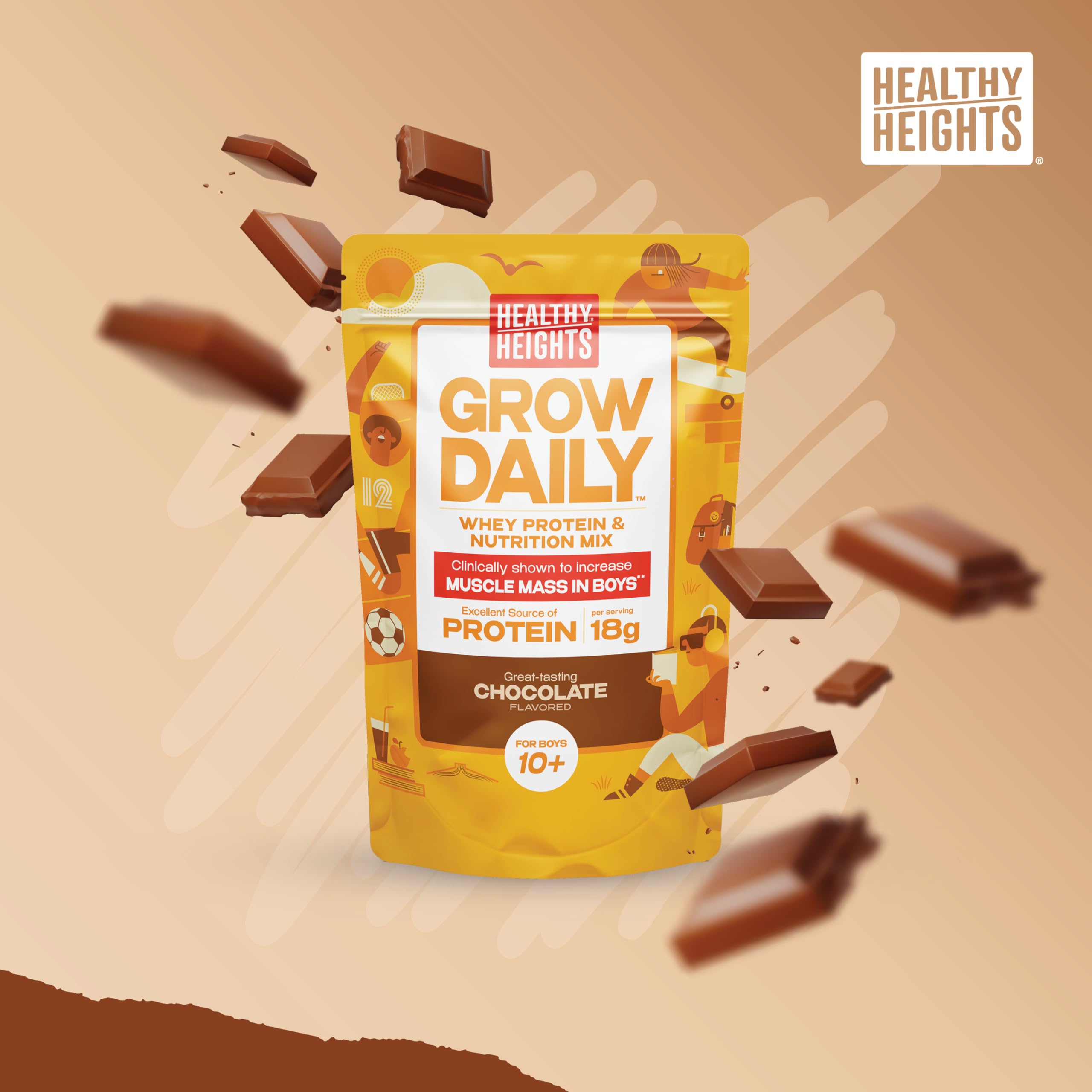 Healthy Heights Grow Daily Kids Protein Drink Mix (Chocolate) - High Protein Shake for Boys 10+ Years Old | Supports Growth & Development | Perfect for Breakfast, After School & Sports Activities