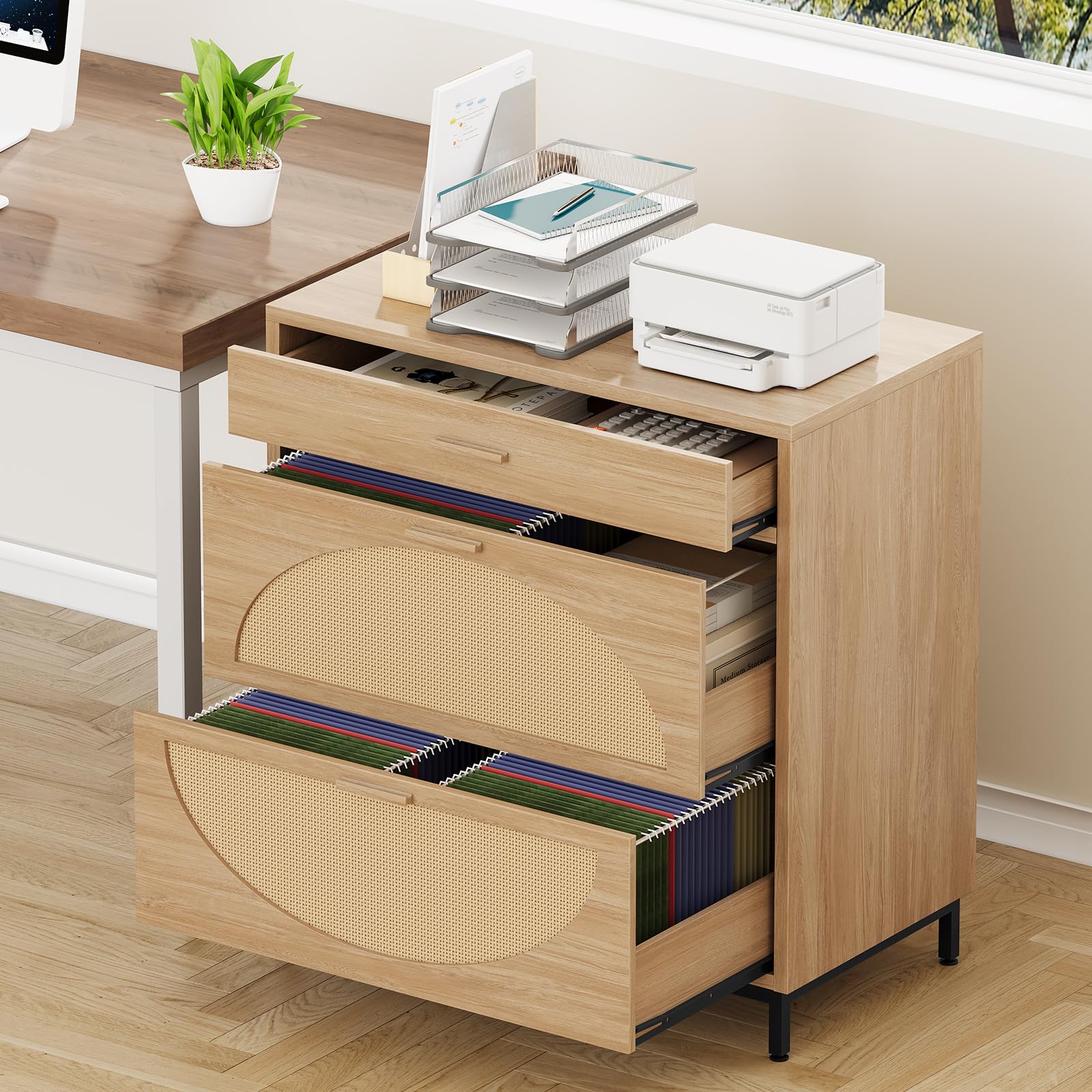 3-Drawer Eco Rattan File Cabinet for Home Office - Letter/Legal/A4 Storage & Printer Stand
