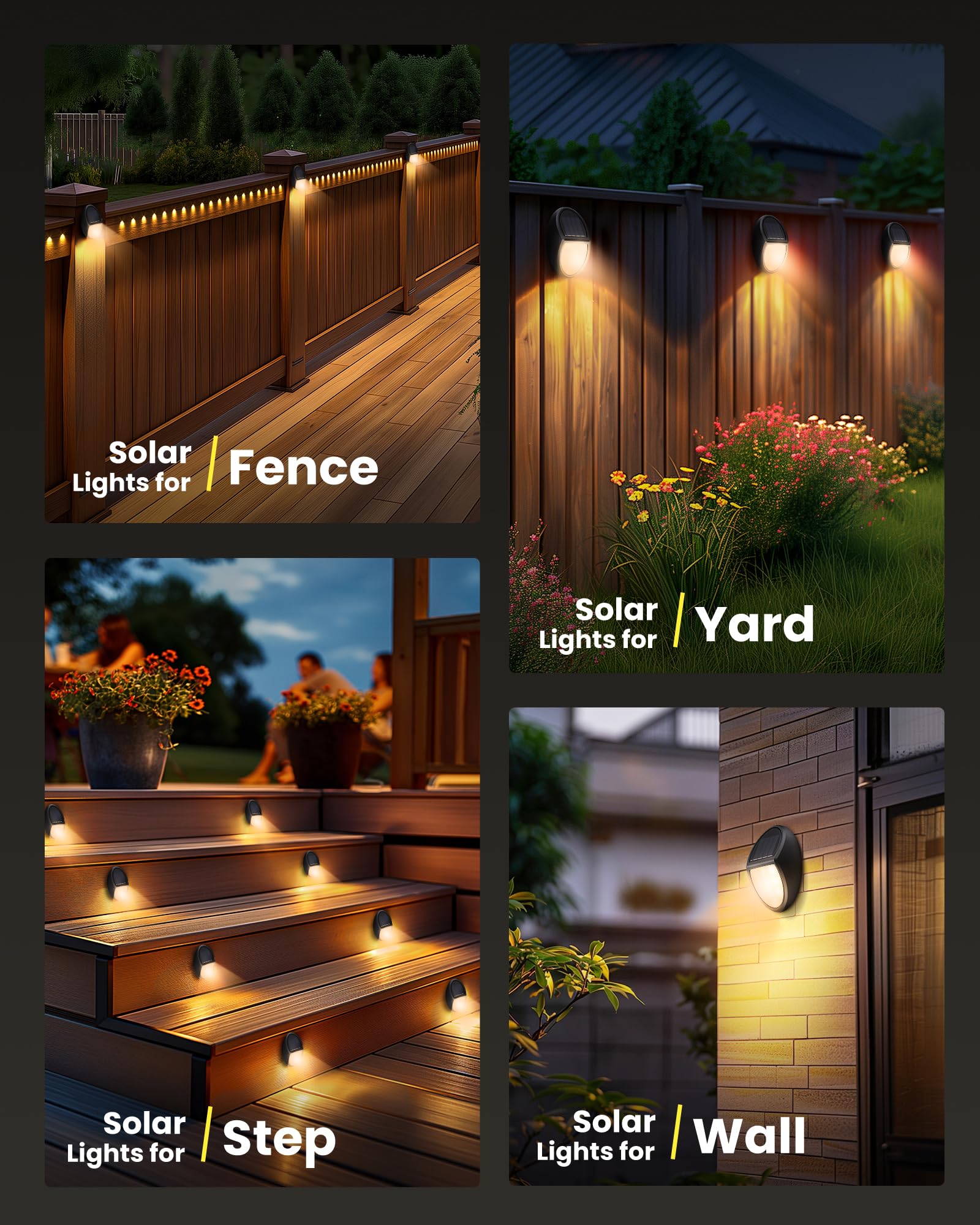 8 Pack Outdoor Solar Fence Lights - IP68 Waterproof Solar Powered Step Lamps for Porch, Deck, Yard, Garage & Garden - Bright White LED Lighting - Perfect for Pathway, Driveway & Landscape Illumination