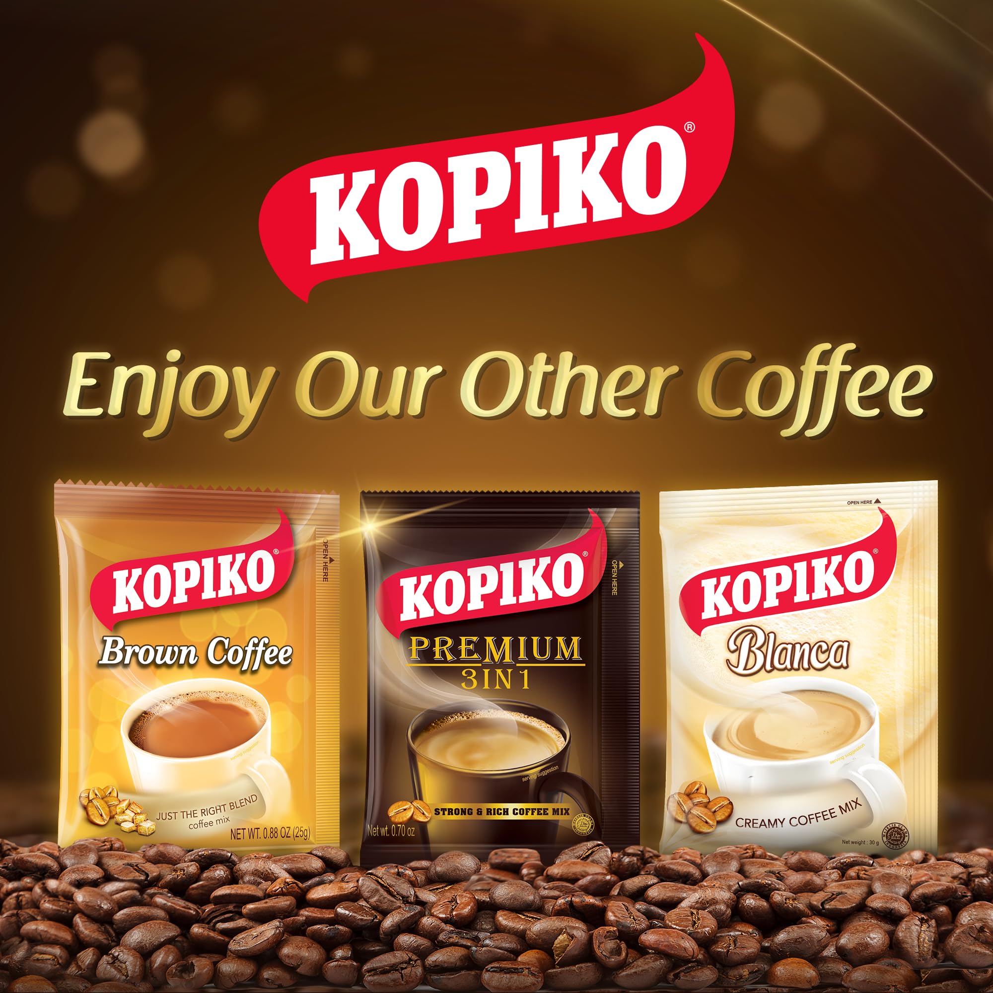 KOPIKO Premium 3-in-1 Instant Coffee Mix - Authentic Indonesian Volcanic Coffee, Strong & Smooth with Creamer & Sugar (7.1oz, 10 Sachets) - Perfect for Office, Travel & Home Brewing
