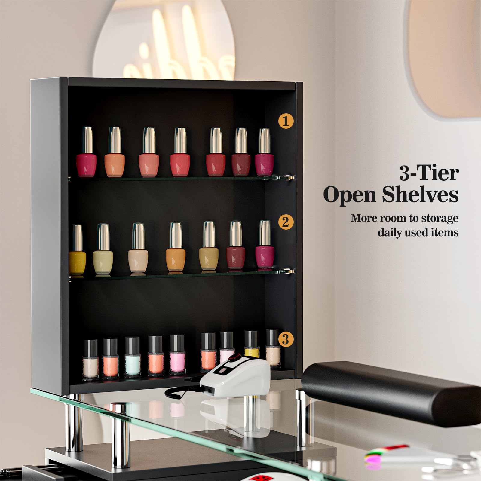 Professional Manicure Table with Tempered Glass Top - Acrylic Nail Tech Station with Storage Drawers, Open Shelves & Wrist Rest | Mobile Beauty Salon Furniture with Locking Wheels for Nail Artists & Home Use (Black) - Perfect for Nail Salons, Home Studios & Mobile Beauty Services