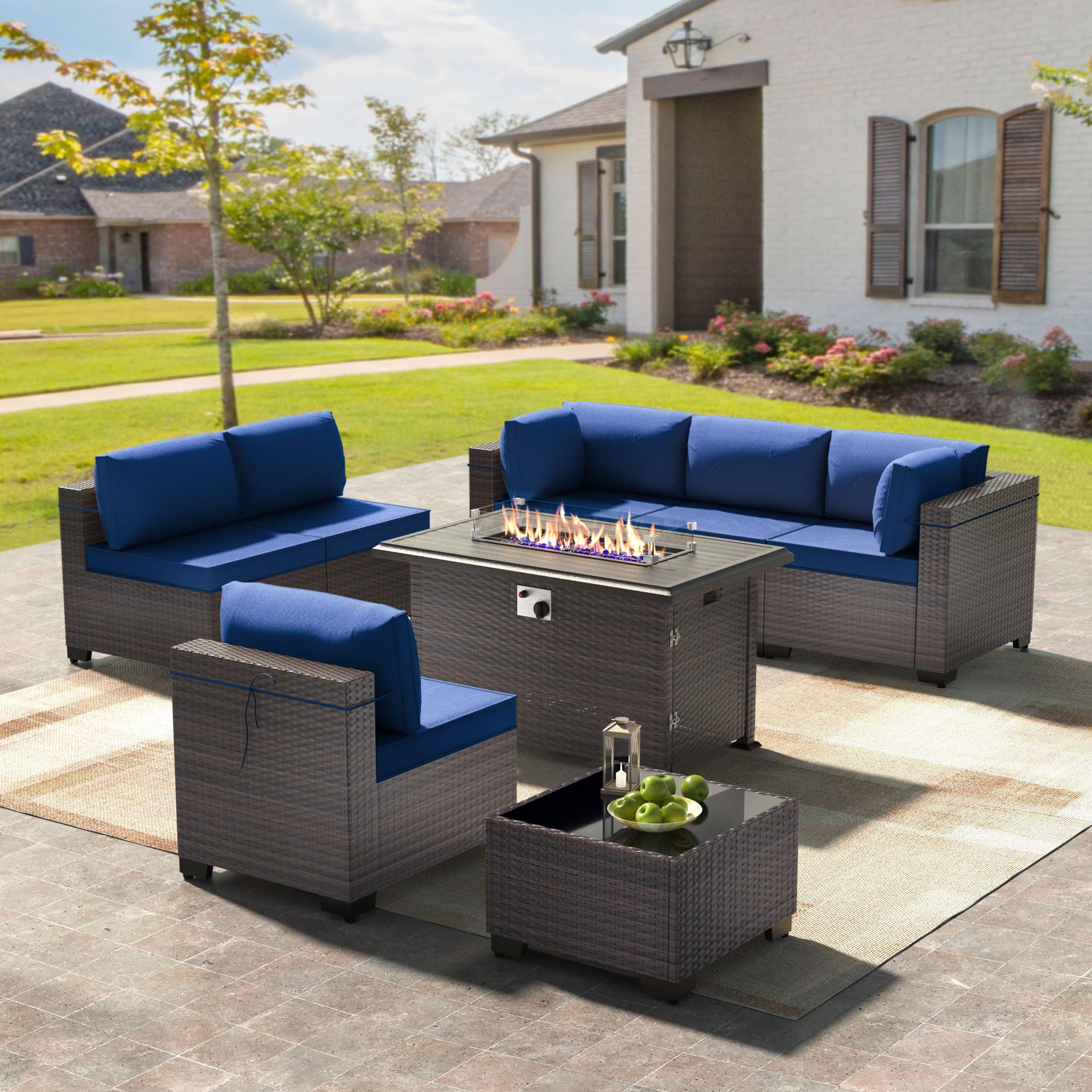 8-Piece Outdoor Patio Furniture Set with 55000 BTU Propane Fire Pit Table - PE Wicker Rattan Sofa Conversation Set & Sectional Furniture with Tempered Glass Top - Navy Blue - Perfect for Backyard, Garden, and Poolside Relaxation