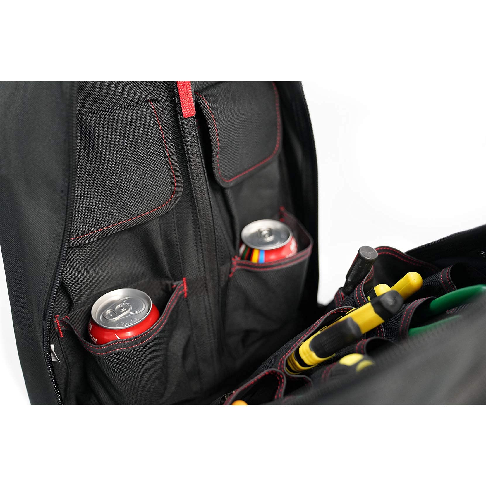 MELOTOUGH Heavy Duty Rolling Tool Backpack - Durable Tradesman Pro Tool Organizer with Laptop Sleeve (Red & Black) - Perfect for Construction, Electricians & DIY Projects