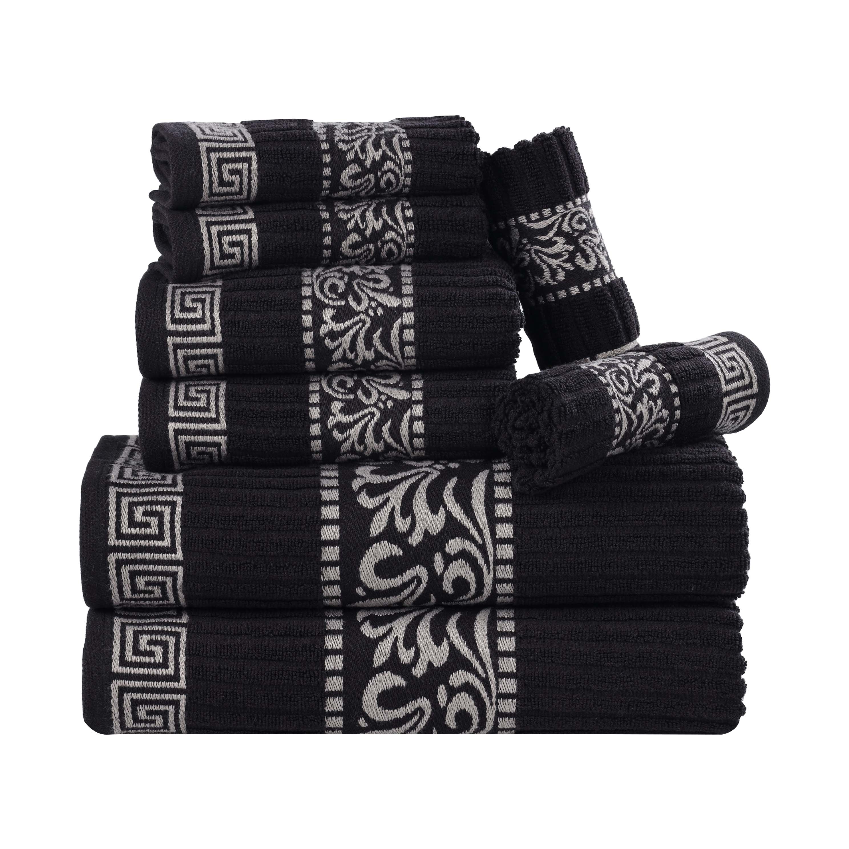 Premium 8-Piece Cotton Towel Set with Greek Scroll & Floral Design - Soft Bath Towels for Spa, Guest Bathroom & Luxury Home Decor
