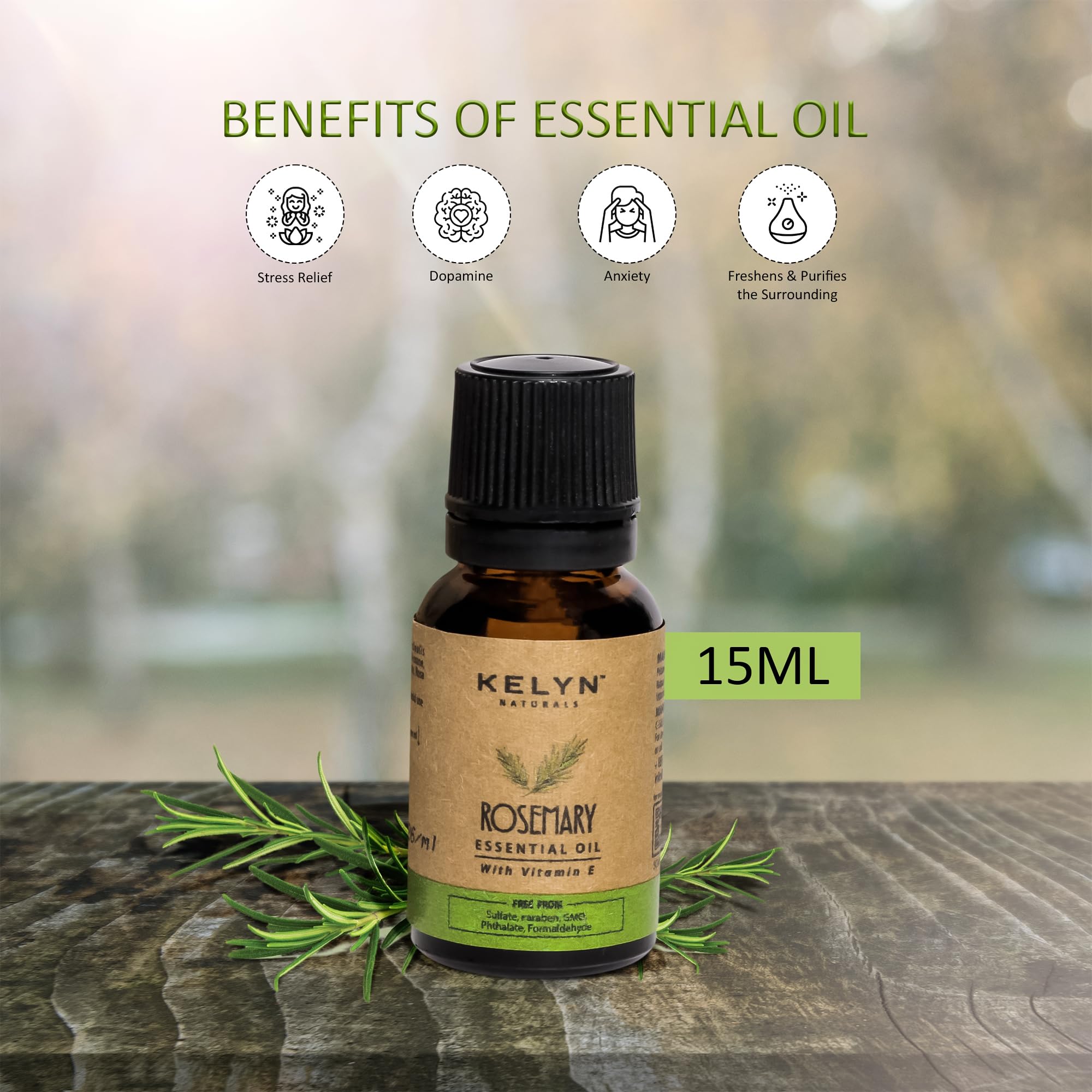 KELYN 100% Pure Rosemary Essential Oil for Anti-Aging & Antioxidant Skin Care - Natural Moisturizing Treatment for Face & Body - 15ml (Pack of 1) - Perfect for Aromatherapy, Massage & DIY Beauty Products