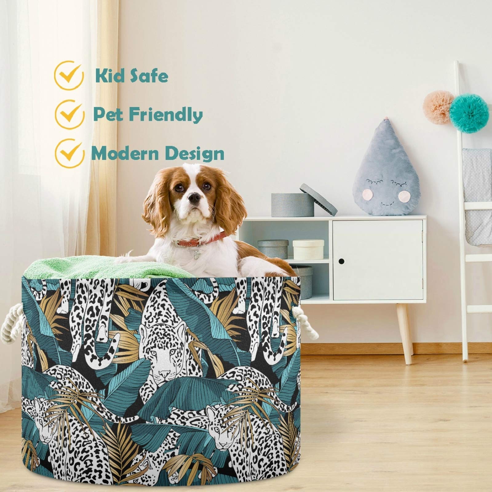 Visesunny Collapsible Large Capacity Storage Basket - Leopard Gold Palm Leaf Design with Durable Cotton Handles | Perfect for Clothes, Toys, Laundry Organization in Bathroom, Bedroom, Nursery & Closet | Space-Saving Home Organizer Solution for Small Spaces