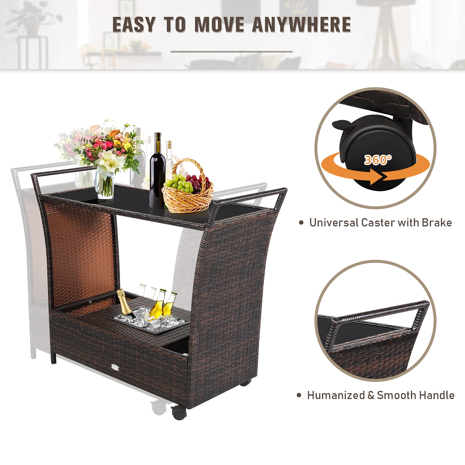 RELAX4LIFE Outdoor Wicker Bar Cart with Removable Ice Bucket & Glass Top - Patio Serving Table with Wheels & Storage Compartments - Rattan Rolling Trolley for Pool, Backyard, Porch, Garden Parties & Outdoor Entertaining - Brown