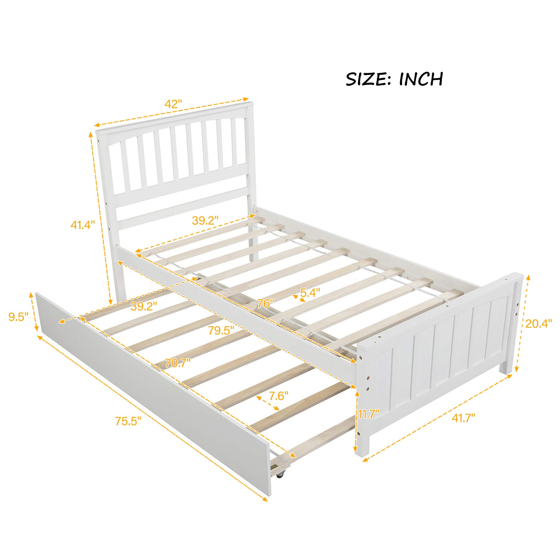 P PURLOVE Twin Size Wood Platform Bed Frame with Trundle - No Box Spring Needed, White - Perfect for Kids' Rooms, Guest Bedrooms & Small Spaces