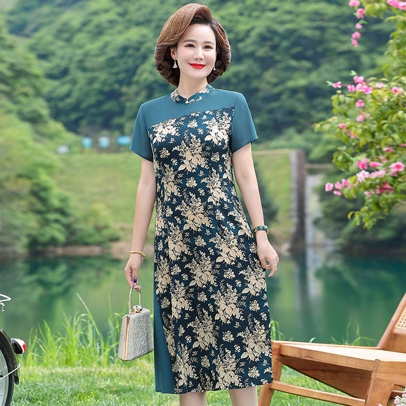 Elegant Women\'s Summer Cheongsam Skirt with Cloud Brocade Design - Perfect for Weddings, Parties & Special Occasions