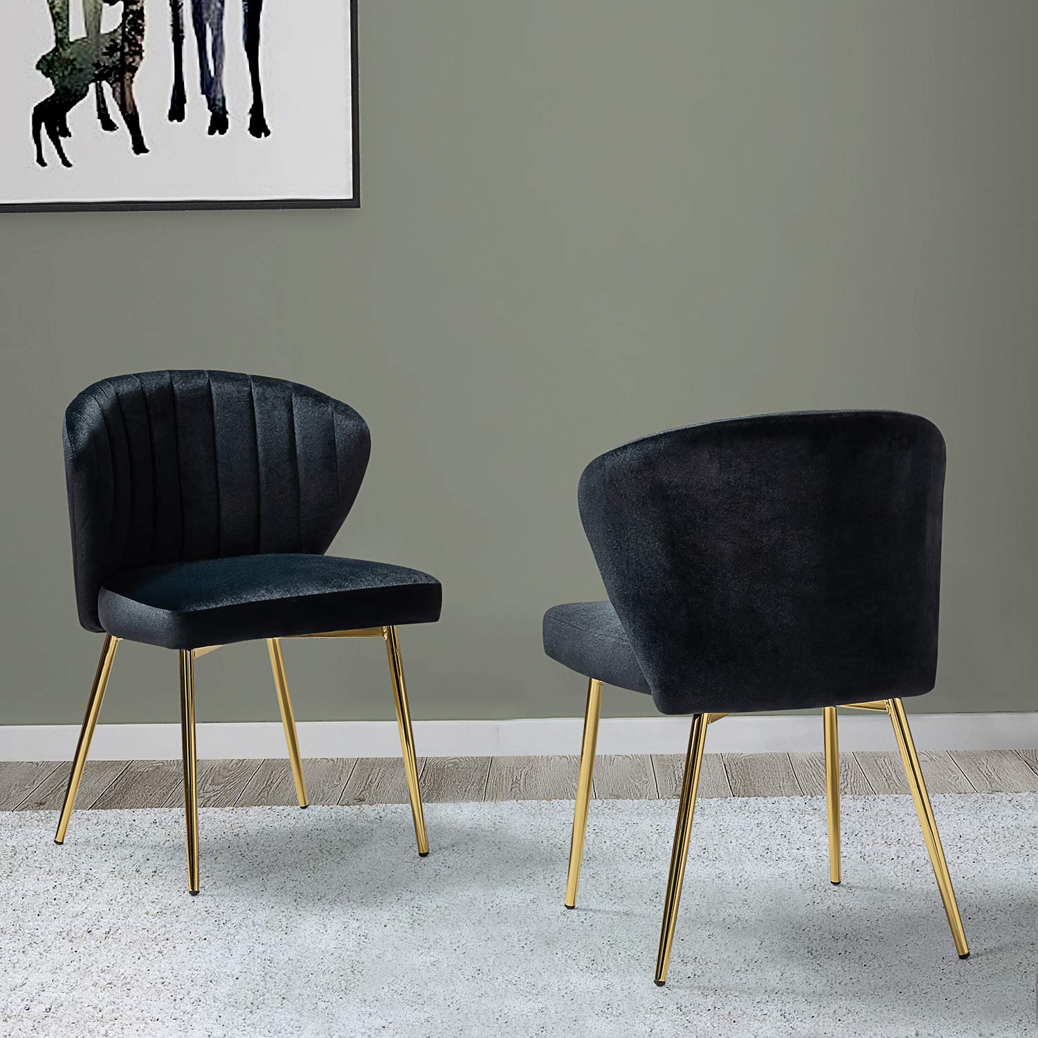 TINA'S HOME Velvet Dining Chairs Set of 2 - Modern Upholstered Side Chairs with Golden Metal Legs, Small Armless Accent Chairs for Living Room, Kitchen, Bedroom & Beauty Salon | Elegant Home Decor for Dining, Lounging & Makeup Vanity (Black)