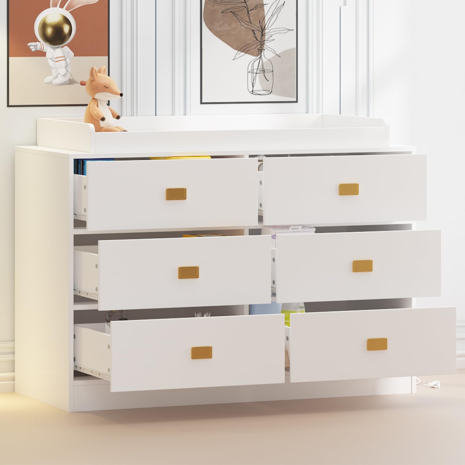 6-Drawer White Dresser for Bedroom with Changing Table Top - Nursery Storage Organizer with Power Outlets & Removable Top - Perfect for Baby Clothes, Diapers & Nursery Organization (White)