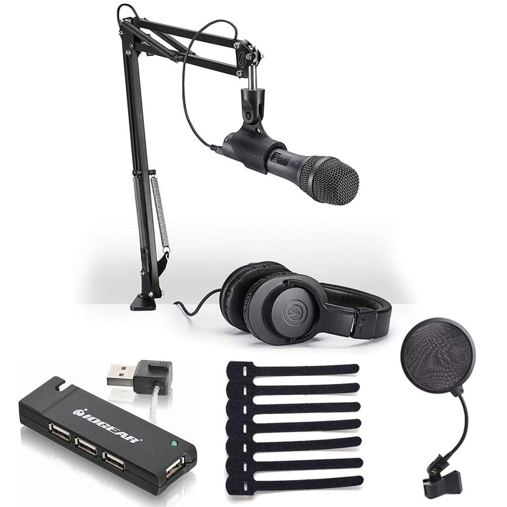 Audio-Technica AT2005USB Cardioid Dynamic Microphone Bundle with ATH-M20x Headphones, Boom Arm, USB Cable & Pop Filter - Perfect for Podcasting, Streaming & Home Studio Recording