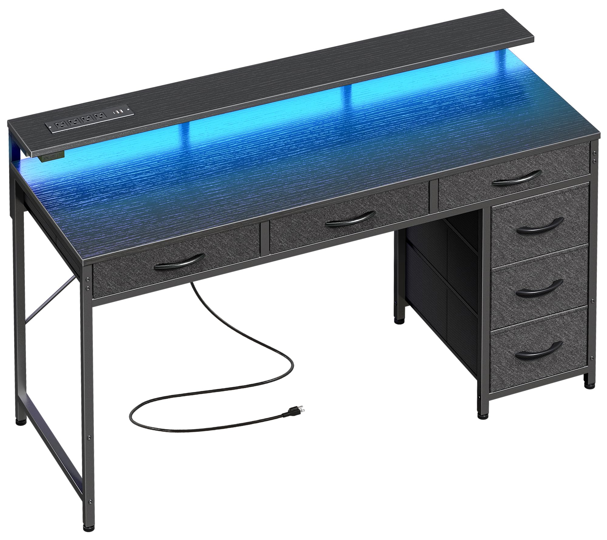 Huuger 47 Inch Gaming Desk with LED Lights, Power Outlets & Type-C - 6 Drawers Computer Desk with Storage & Monitor Stand - Ergonomic Writing Work Desk for Home Office, Bedroom, Study (Black) - Perfect for PC Gaming, Remote Work & Online Study Setup