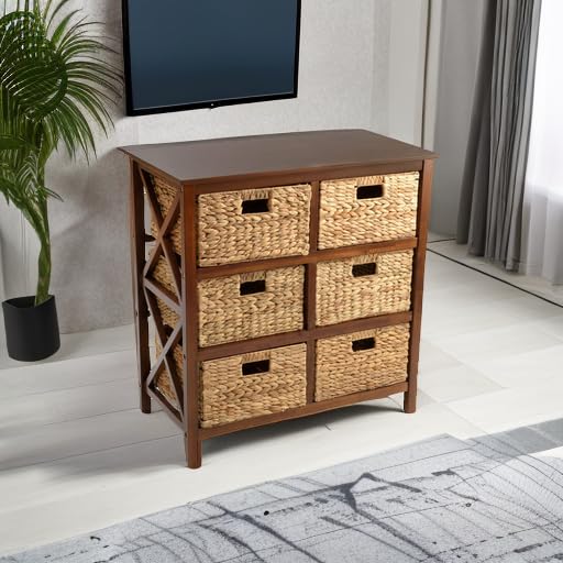 3-Tier X-Side End Table Storage Cabinet with 6 Wicker Baskets - Walnut Finish for Living Room, Bedroom, or Entryway Organization